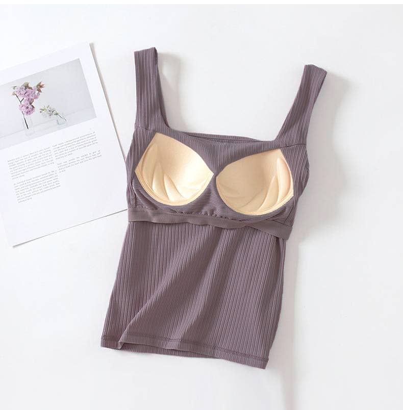 Basic Essential cotton square neck rib tank top w self bra: Purple