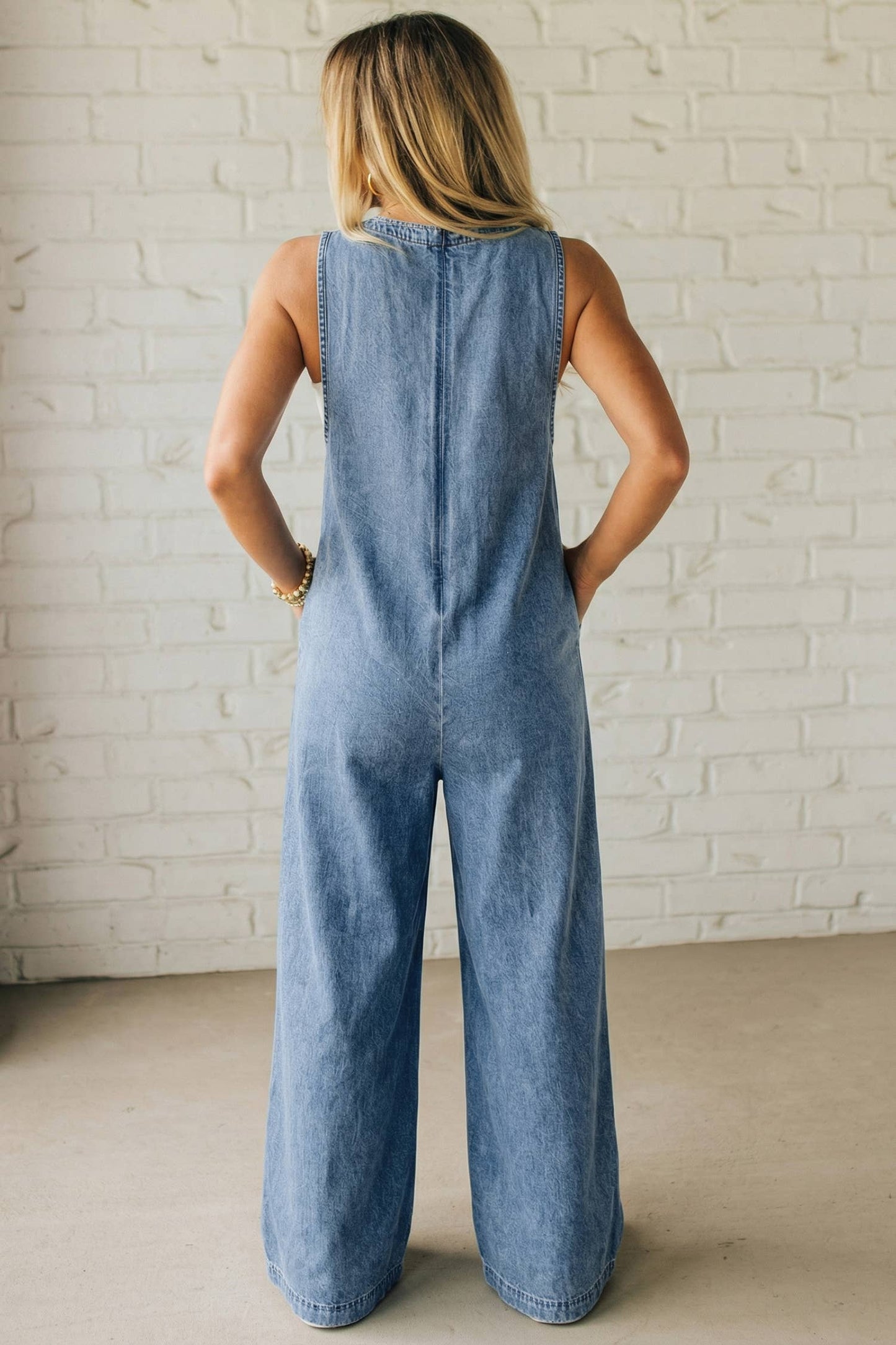 Solid Western Acid Wash Tie Neck Pintuck Wide Leg Jumpsuit : Dusk Blue