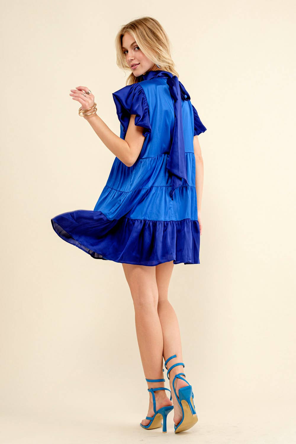 Tiered Tie Neck Back Mini Dress: FRENCH BLUE