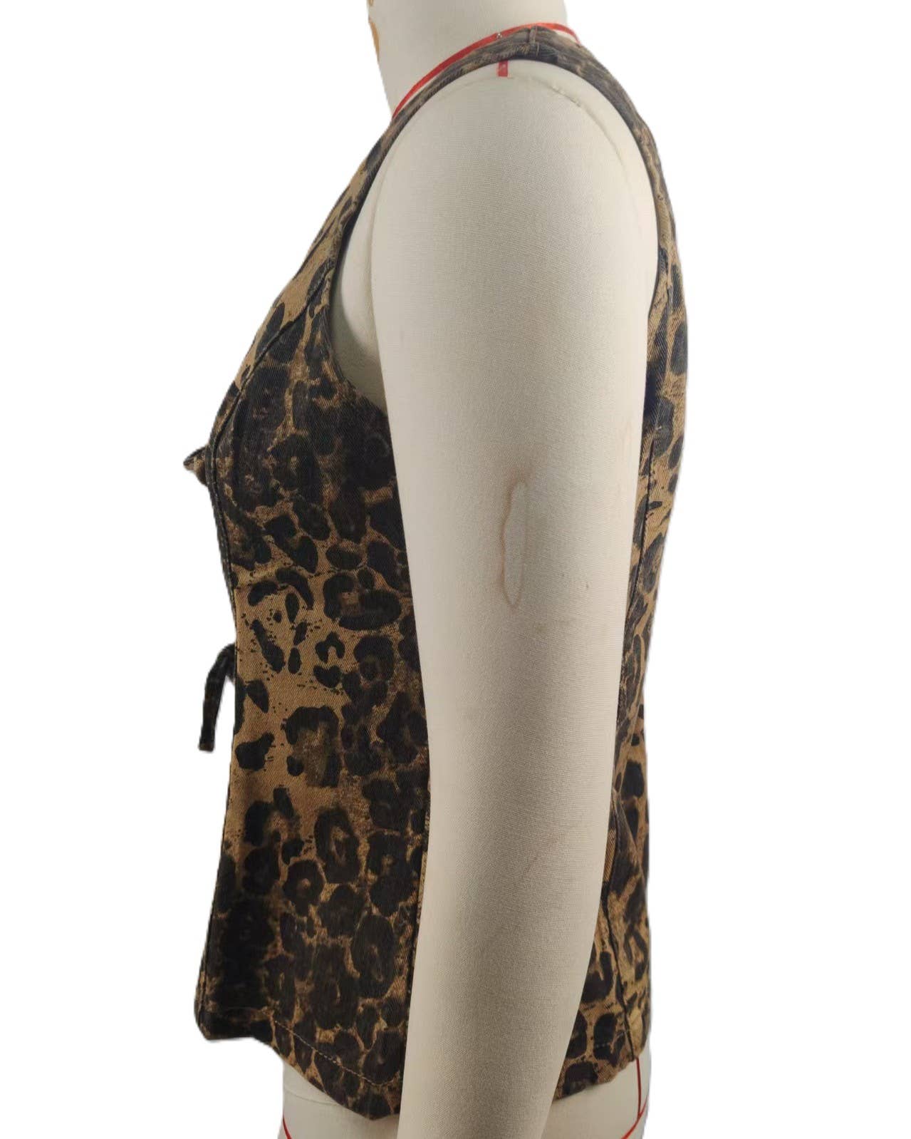 Basic Leopard Print Lace-Up Denim Vest: Leopard / L