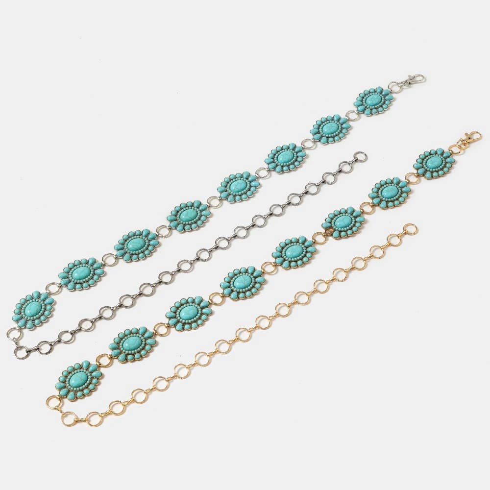 Western Turquoise Stone Bead Concho Disc Chain Belt: Silver