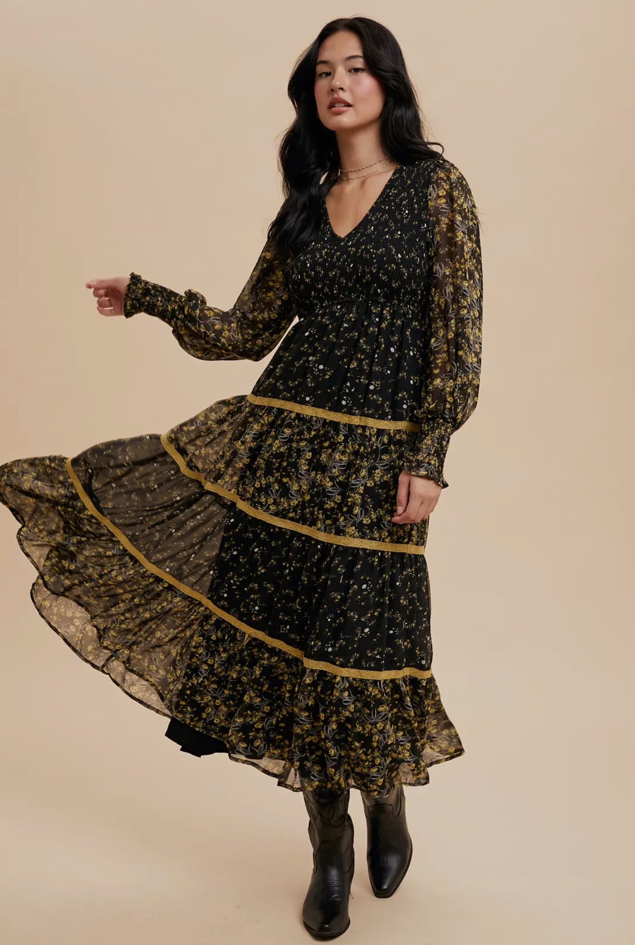 Mixed Media Smocked Floral Maxi