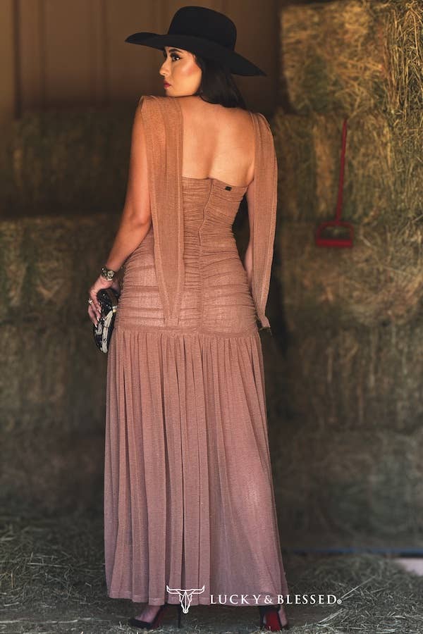Beige Ruched Halter Slit Hem Gathered Dress
