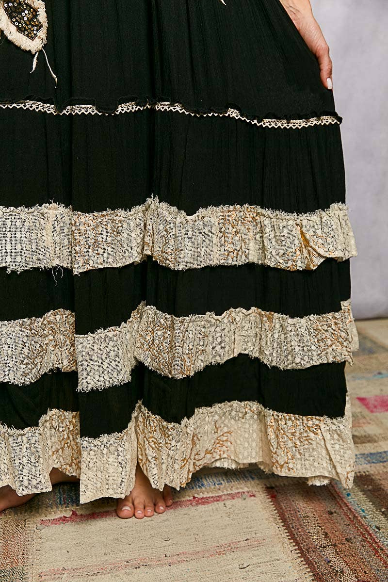 Ruffle Trim V-neck Embroidery Sequins Tassel Long Dress: Black
