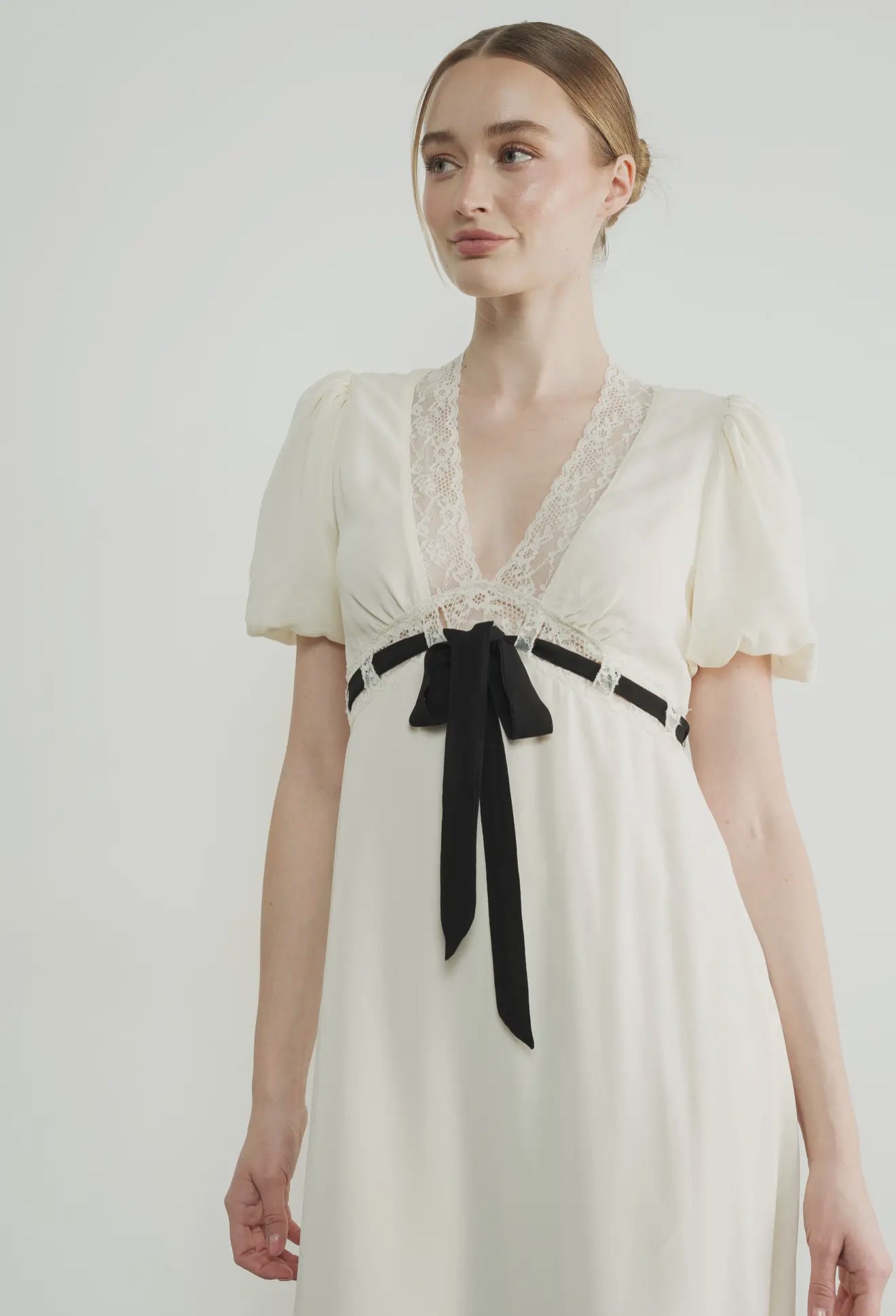 V Neck Lace Insert Midi Dress
with Bow