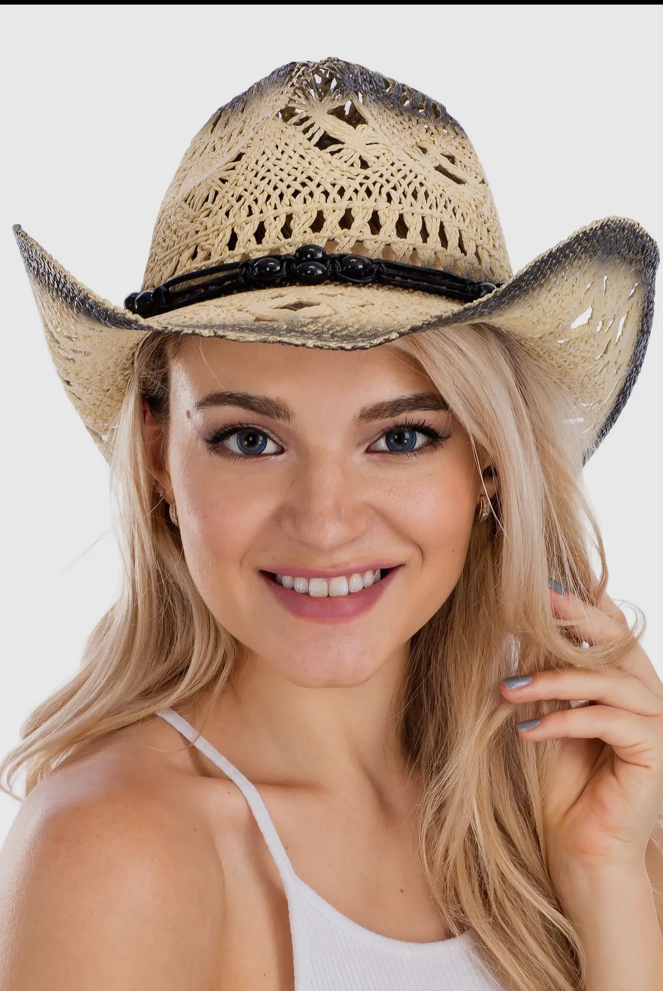 Lightly Beaded Vintage Burnt Crochet
Straw Cowboy Hat