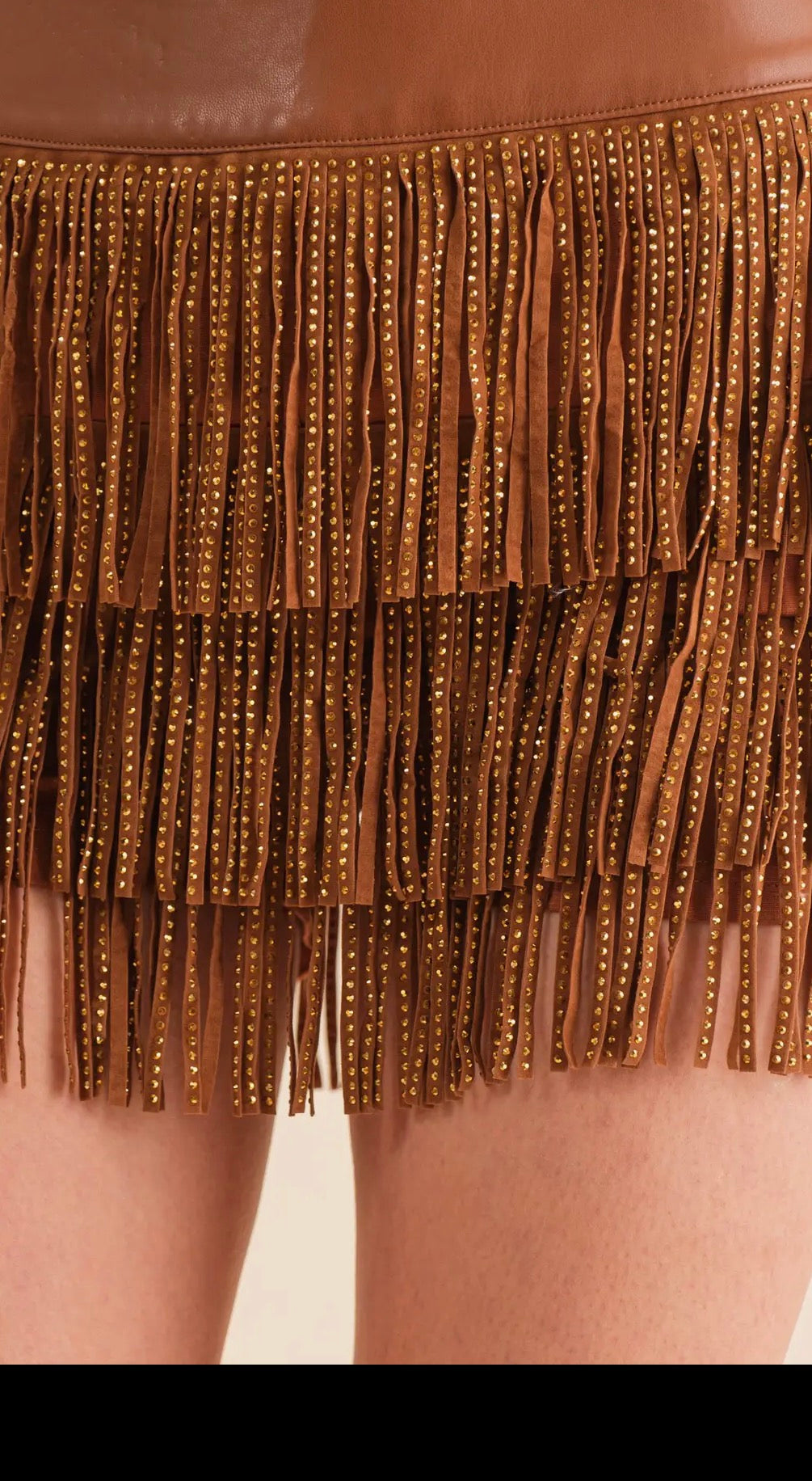 Wide Faux Leather Waist Tiered
Fringe Studded Short