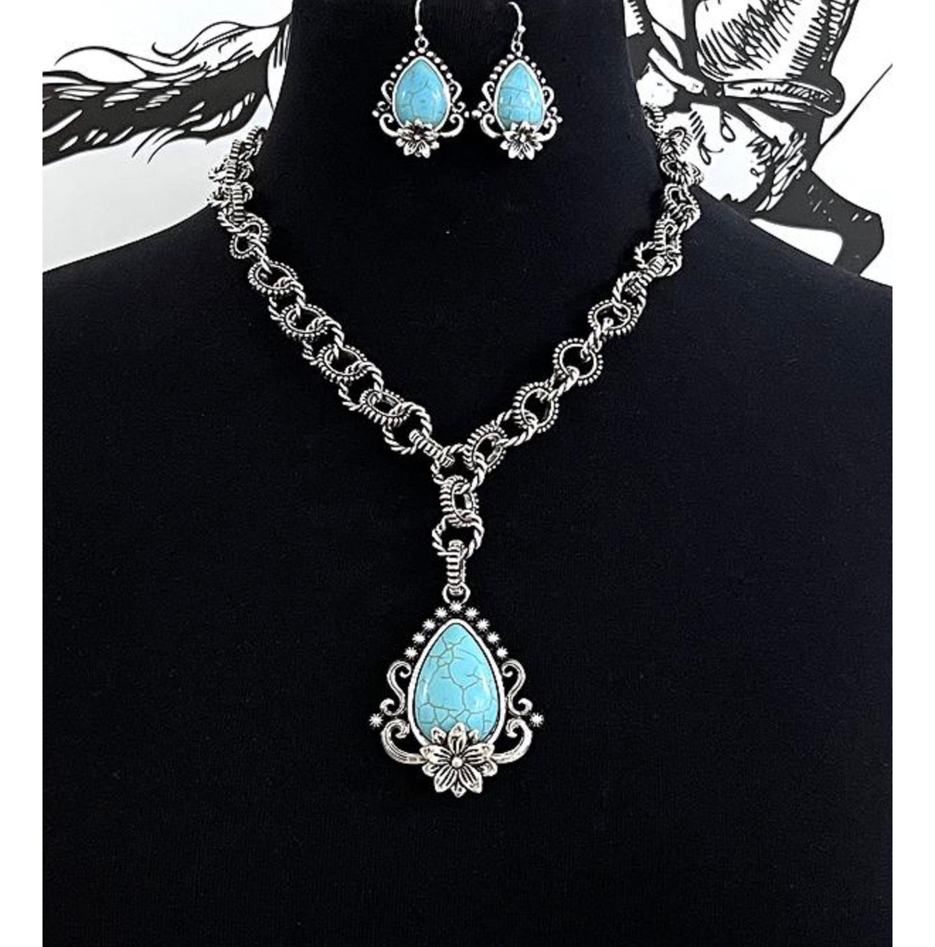 Vintage western turquoise teardrop pendent necklace and earrings