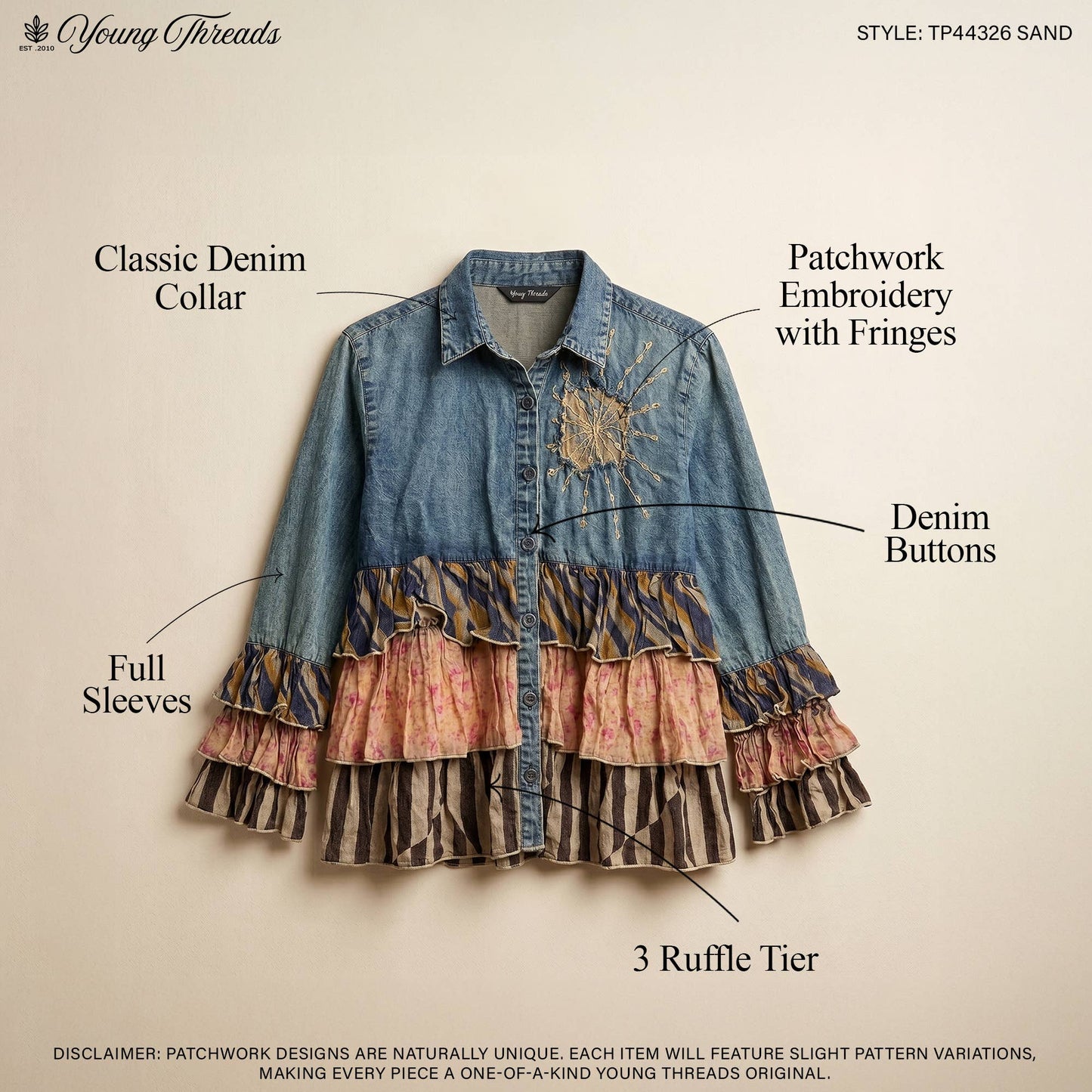 Vintage Boho Denim Yoke Patchwork Tiered Tunic Top