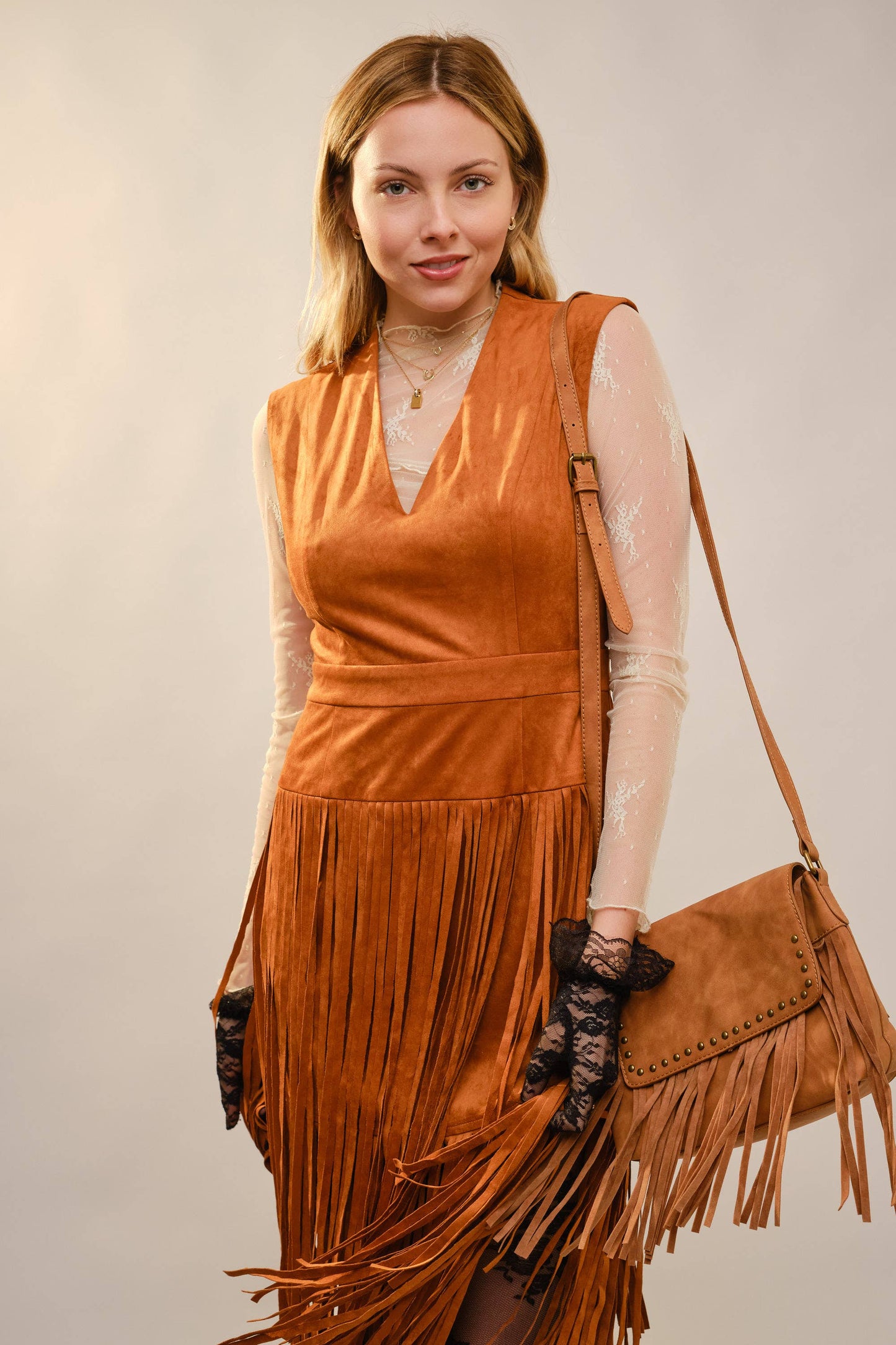 Suede V-Neck Fringe Tiered Dress: CAMEL