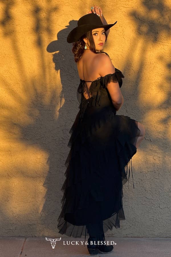 Black Off Shoulder Ruffle Asymmetrical Back Te Dress