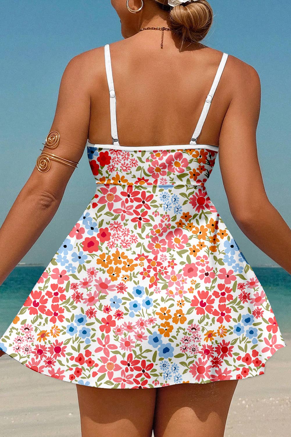 Floral Ricrac Spaghetti Strap One Piece Swim Dress