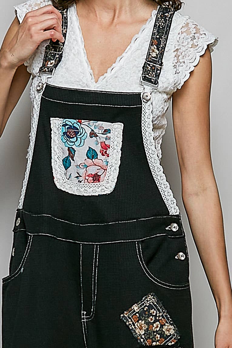 Feminine Mixed Printed Fabric Ruffle Wide Leg Overall Black