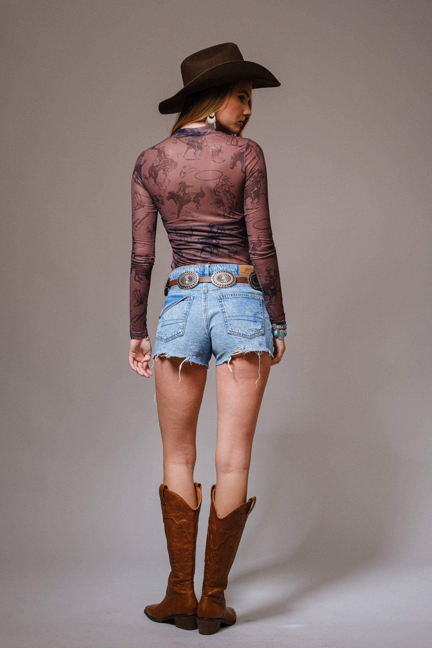 Cowgirl Print Mesh Mock Neck Top: DARK BROWN