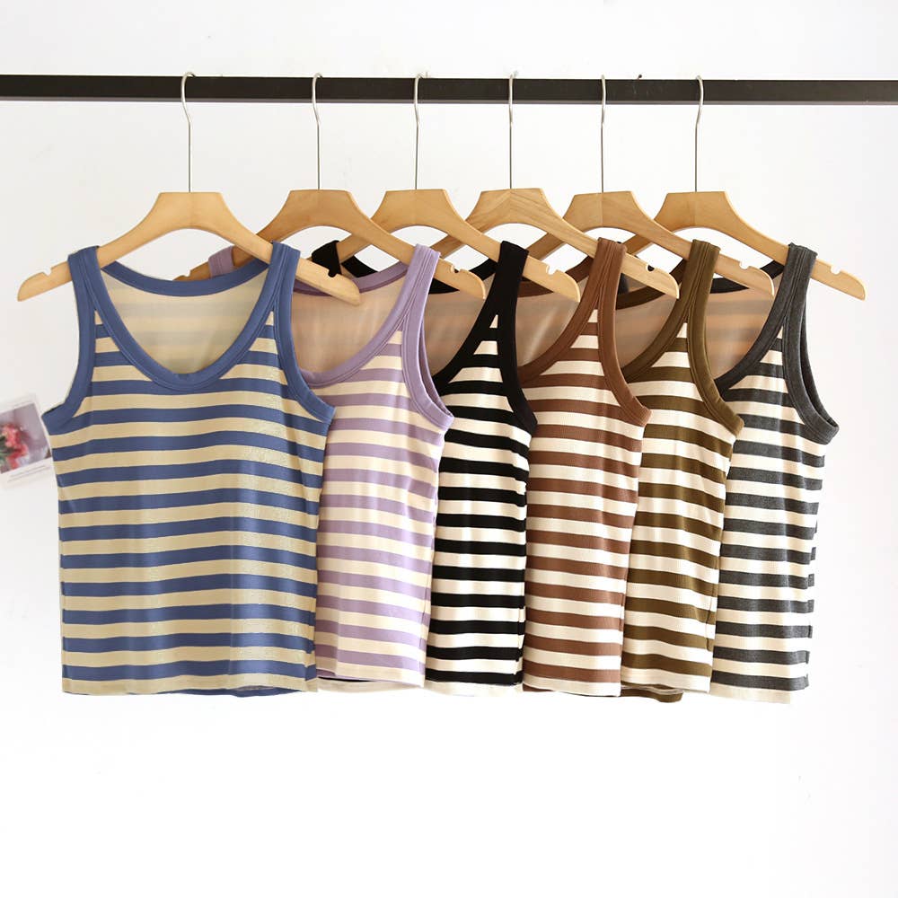 Contrast stripe scoop neck built-in bra tank top: Purple