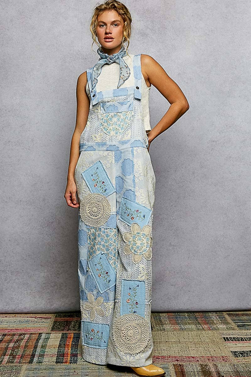 Floral Patch Stitch Detail Wide Leg Woven Overalls: BLUE STRIPED