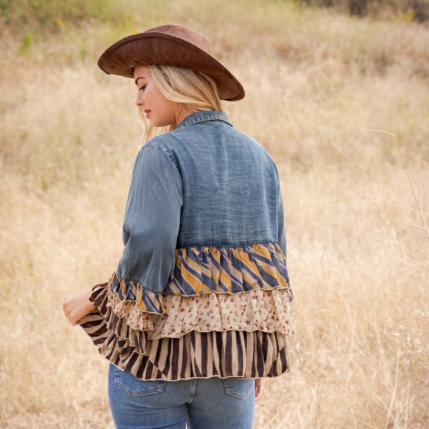 Vintage Boho Denim Yoke Patchwork Tiered Tunic Top