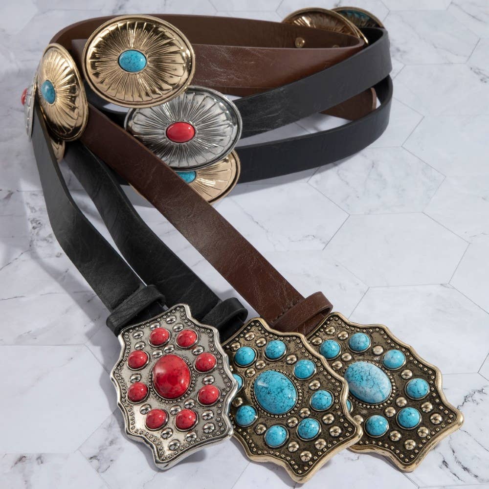 Assorted Western Concho Turquoise Stone Faux Leather Belt
