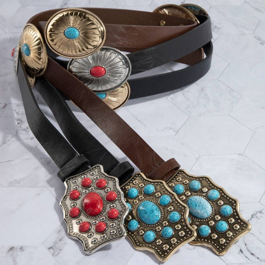 Assorted Western Concho Turquoise Stone Faux Leather Belt