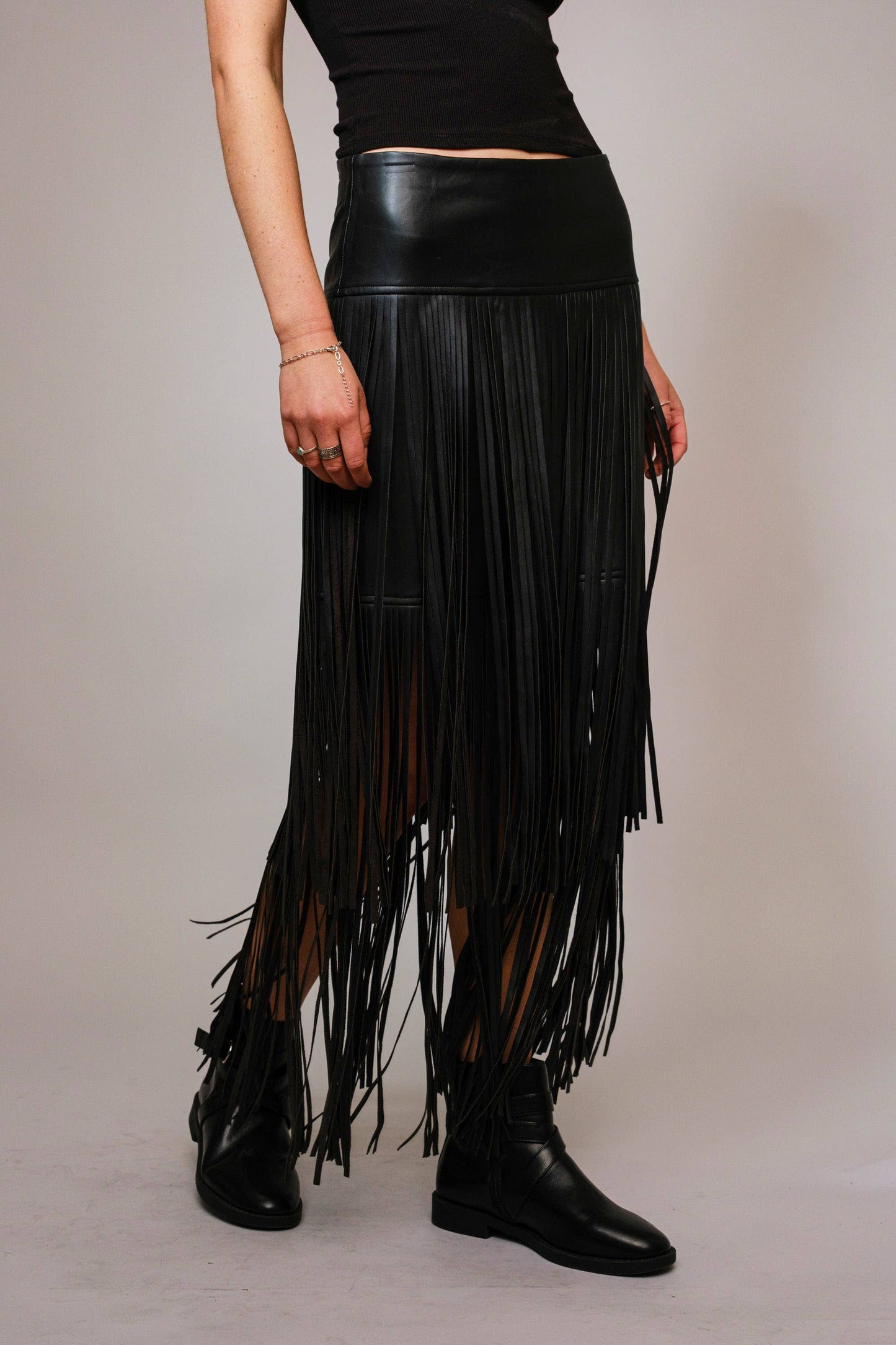 Faux Leather Tiered Fringe Maxi Skirt: Black