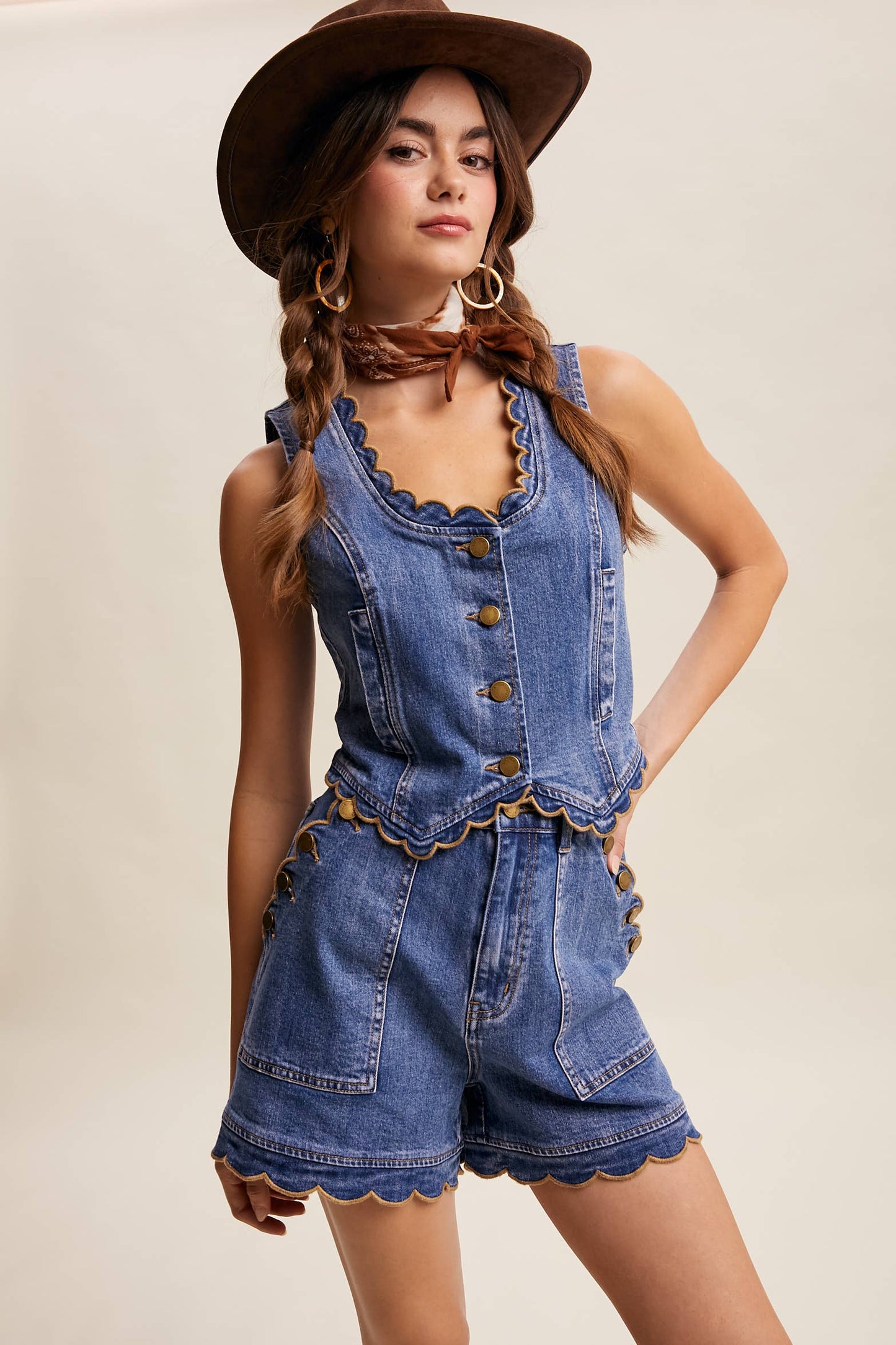 Scallop Trim Stretch Denim Vest Drift Blue