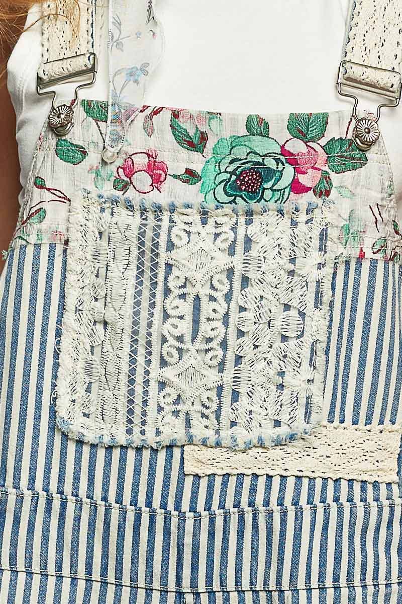 Printed Lace Patch Trim Strap Relaxed Fit Jogger Overall : DENIM