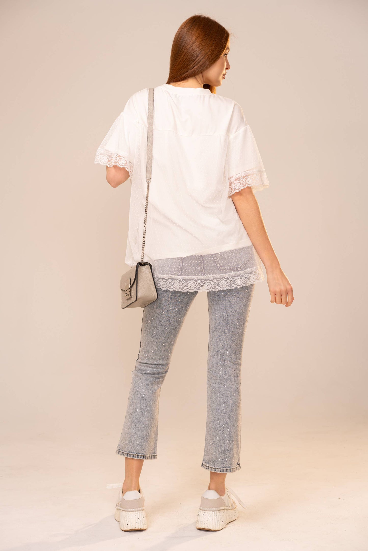 Horse Print Mesh Lace Trim T-Shirt: OFF WHITE