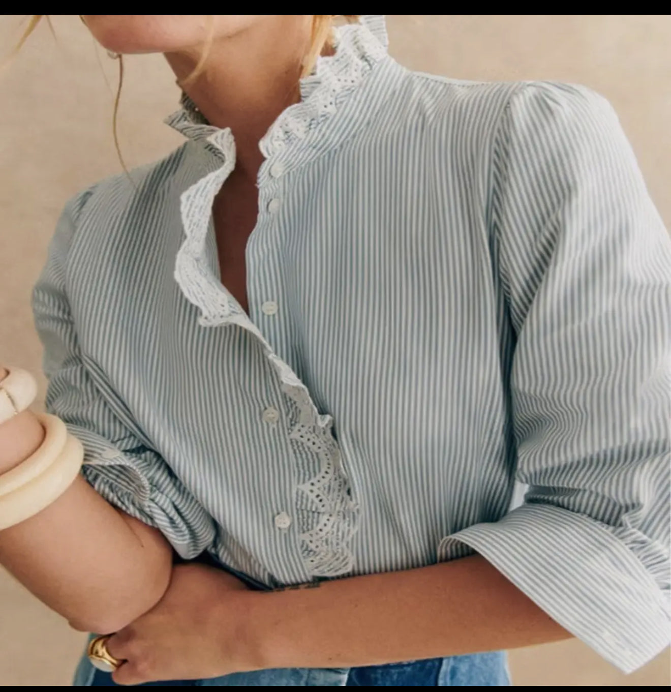 Stand Collar Elegant Lace Ruffled
Striped Shirt