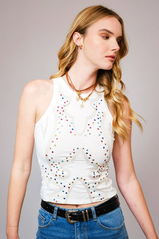 Cotton Jersey Embroidered Studded Crop Top: OFF WHITE