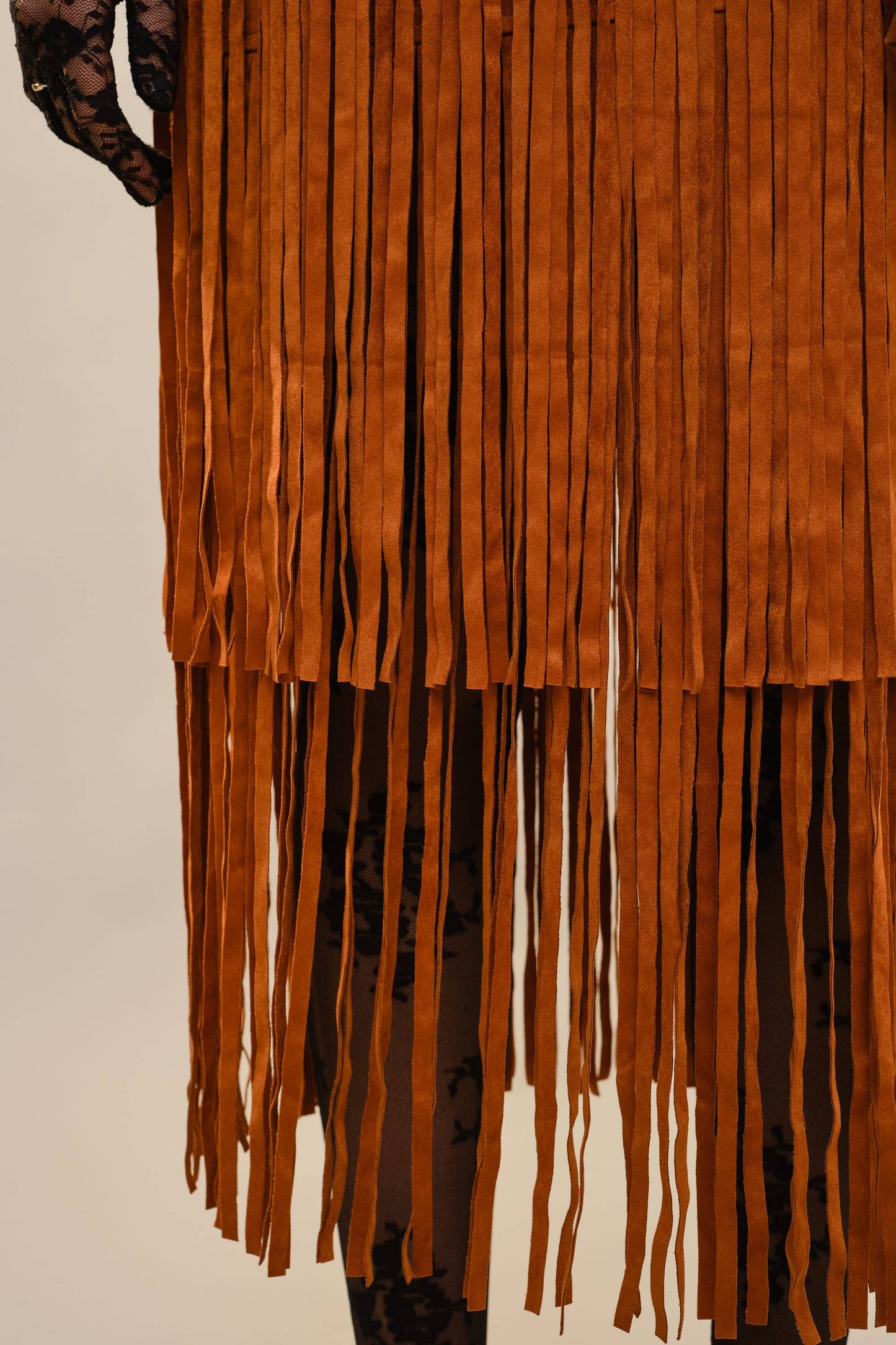 Suede V-Neck Fringe Tiered Dress: CAMEL