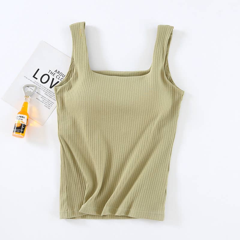 Basic Essential cotton square neck rib tank top w self bra: Sage