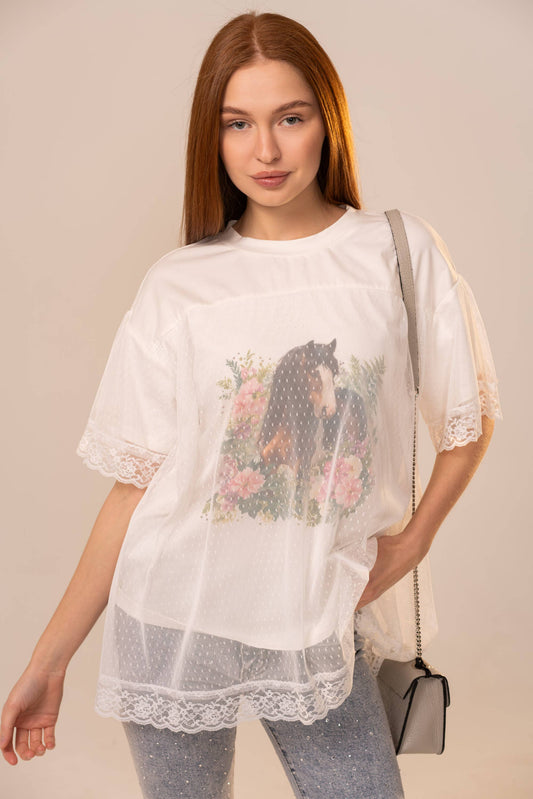 Horse Print Mesh Lace Trim T-Shirt: OFF WHITE