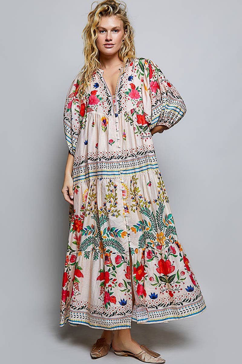 Boho Deep V-Neck Floral Balloon Sleeve Long Dress: NATURAL MULTI