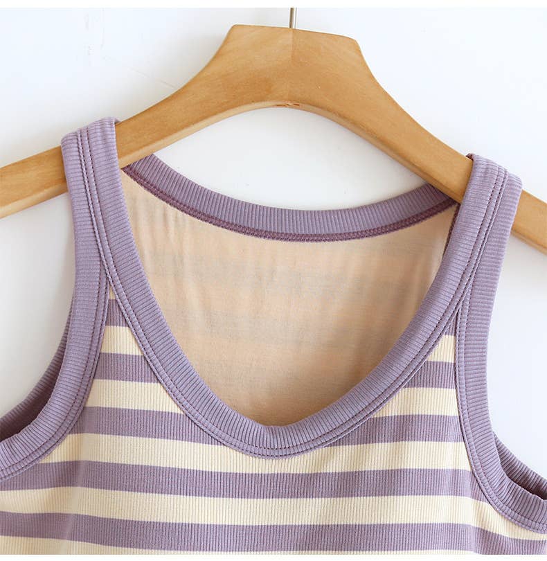 Contrast stripe scoop neck built-in bra tank top: Purple