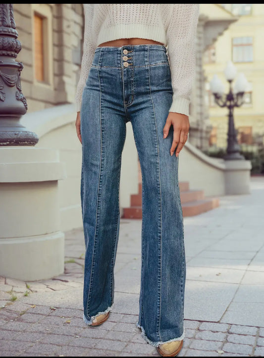 High Waist Button Fly Seamed Raw Hem
Flare Jeans