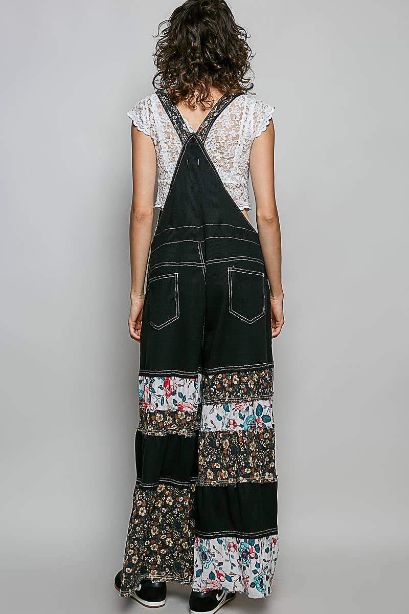 Feminine Mixed Printed Fabric Ruffle Wide Leg Overall Black