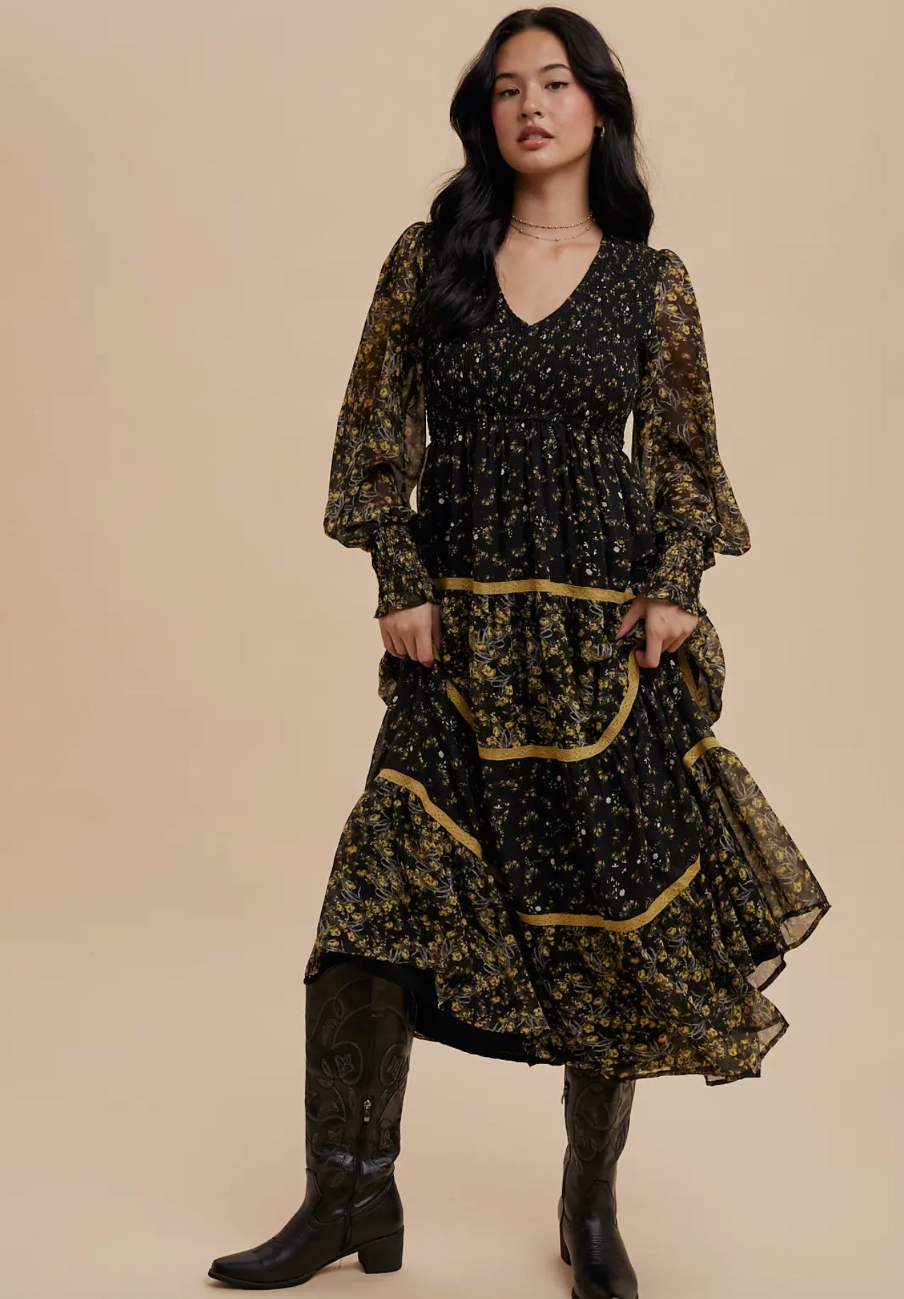 Mixed Media Smocked Floral Maxi