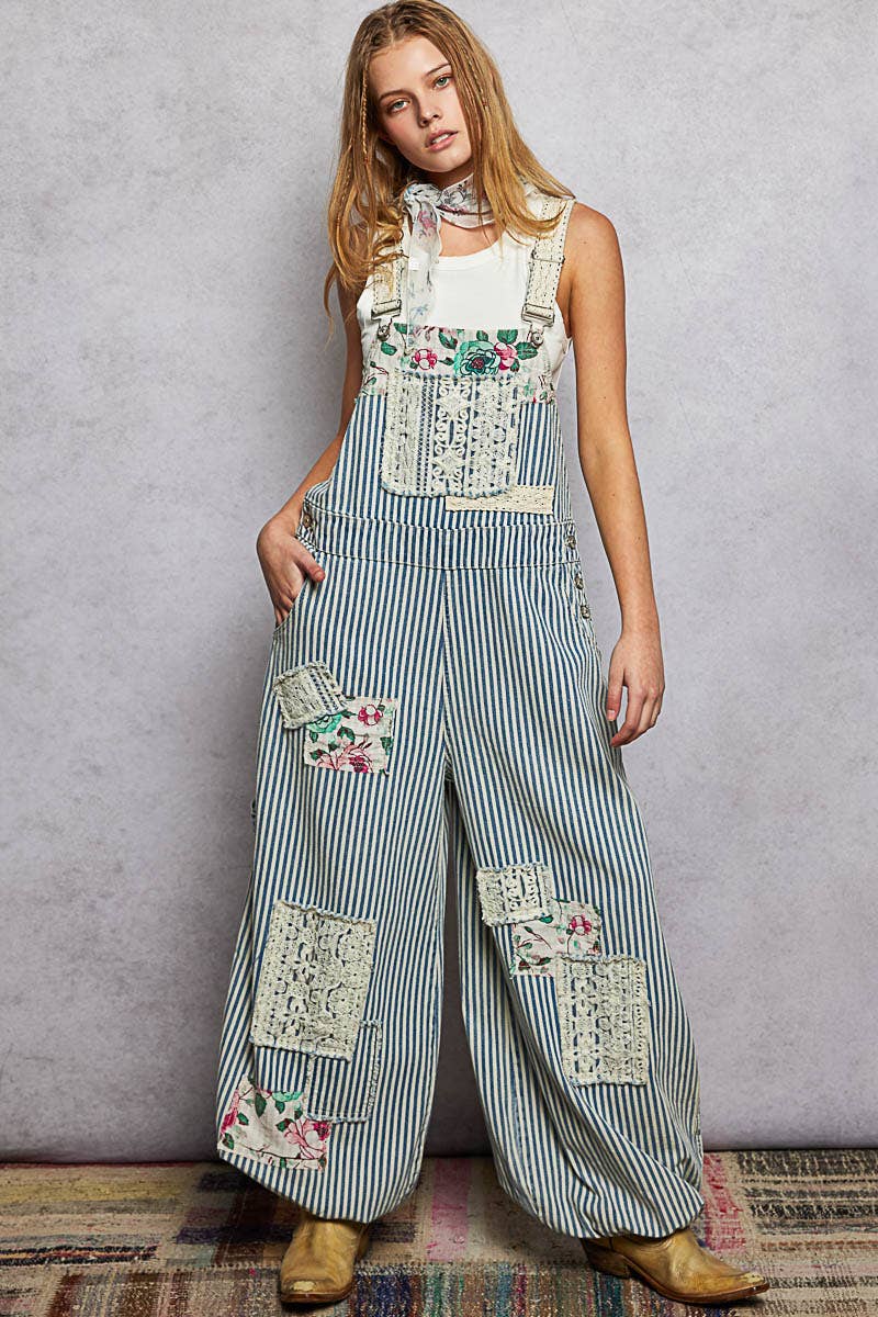 Printed Lace Patch Trim Strap Relaxed Fit Jogger Overall : DENIM