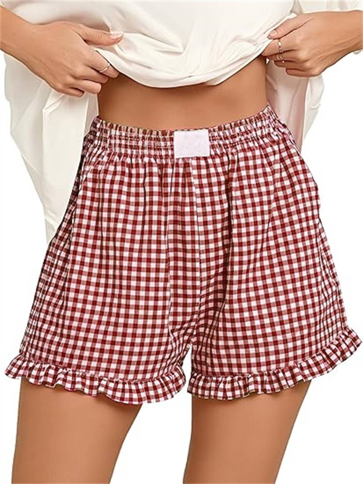 Beach Check Print Shorts Ruffle Casual Shorts: Red