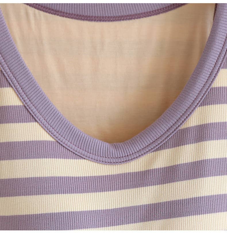 Contrast stripe scoop neck built-in bra tank top: Purple