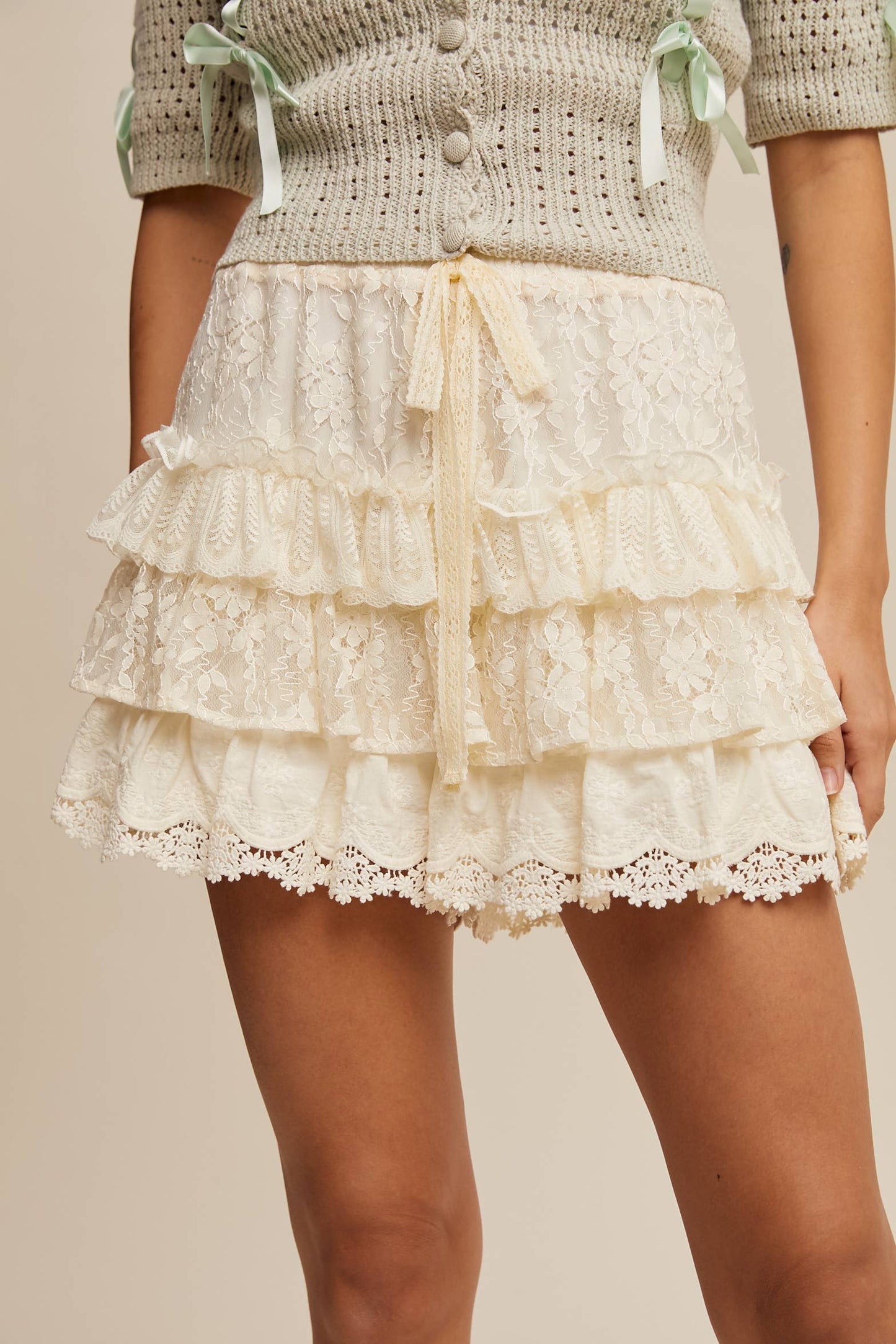 Lace Tiered Shorts with Ruffle Details: Cream