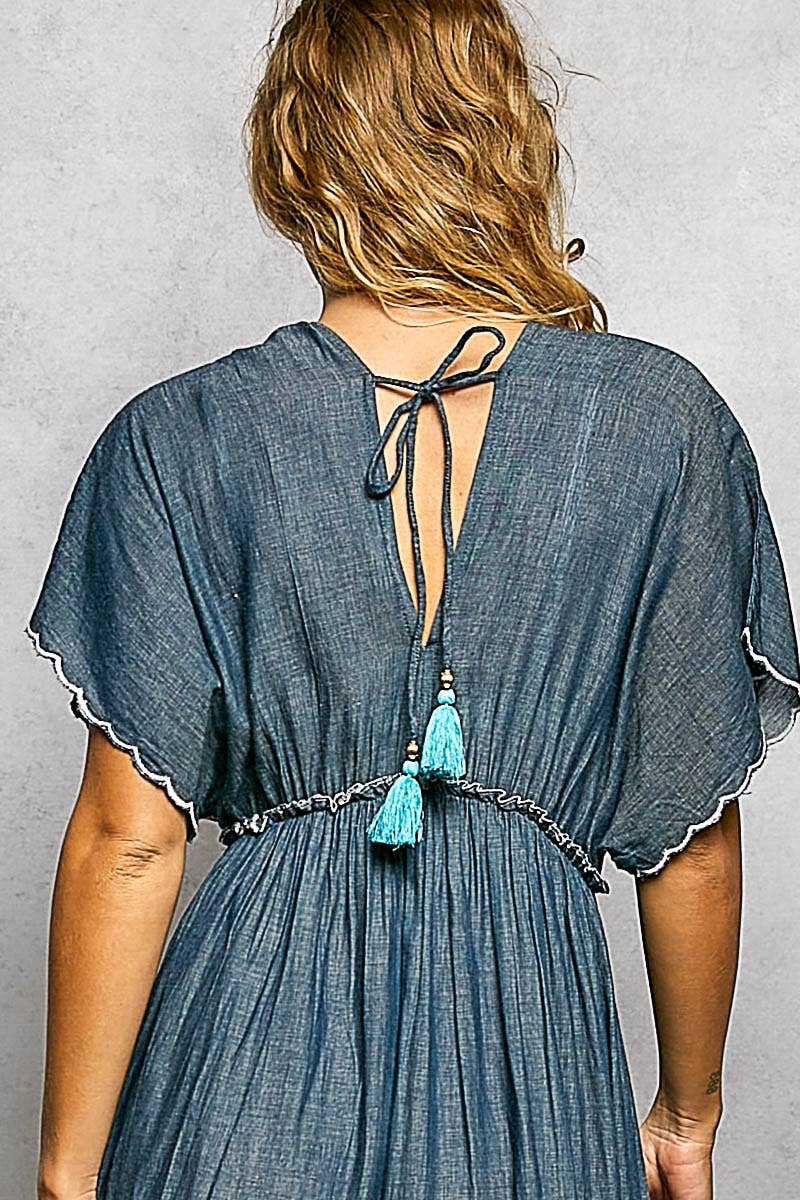 Embroidery Ruffle Neck Loop Cotton Denim V-neck Long Dress : DEEP DENIM