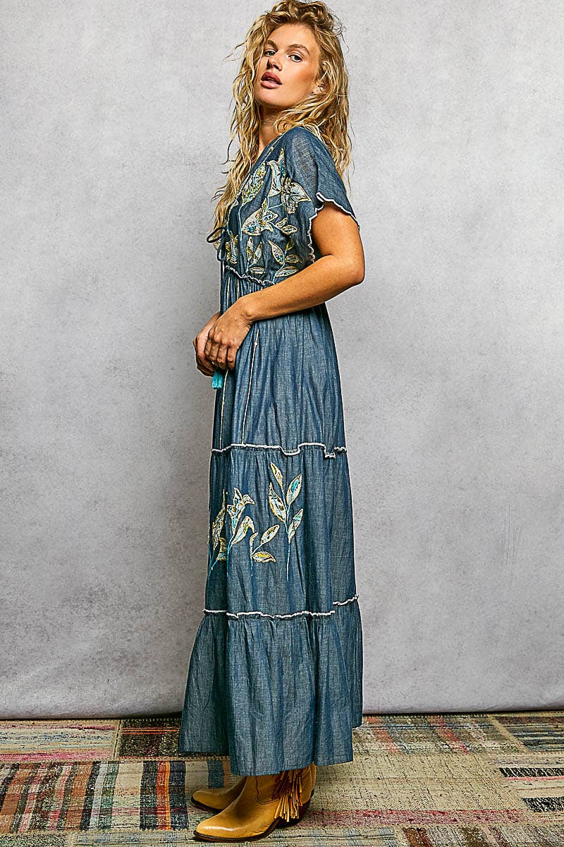 Embroidery Ruffle Neck Loop Cotton Denim V-neck Long Dress : DEEP DENIM