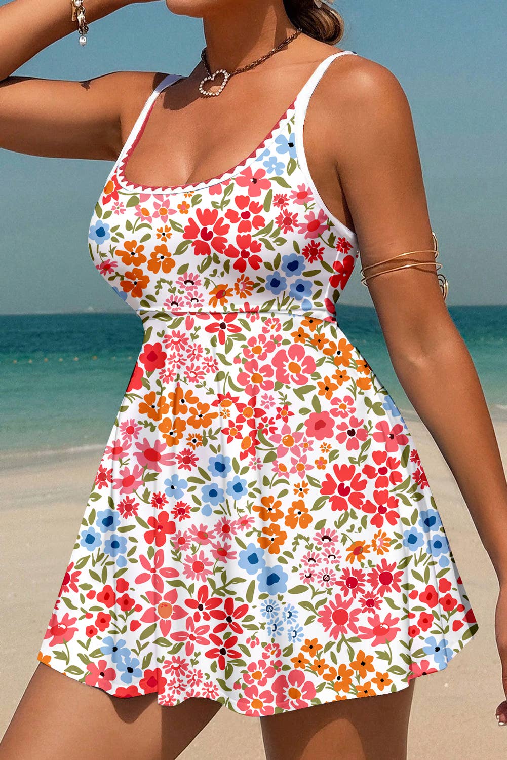 Floral Ricrac Spaghetti Strap One Piece Swim Dress