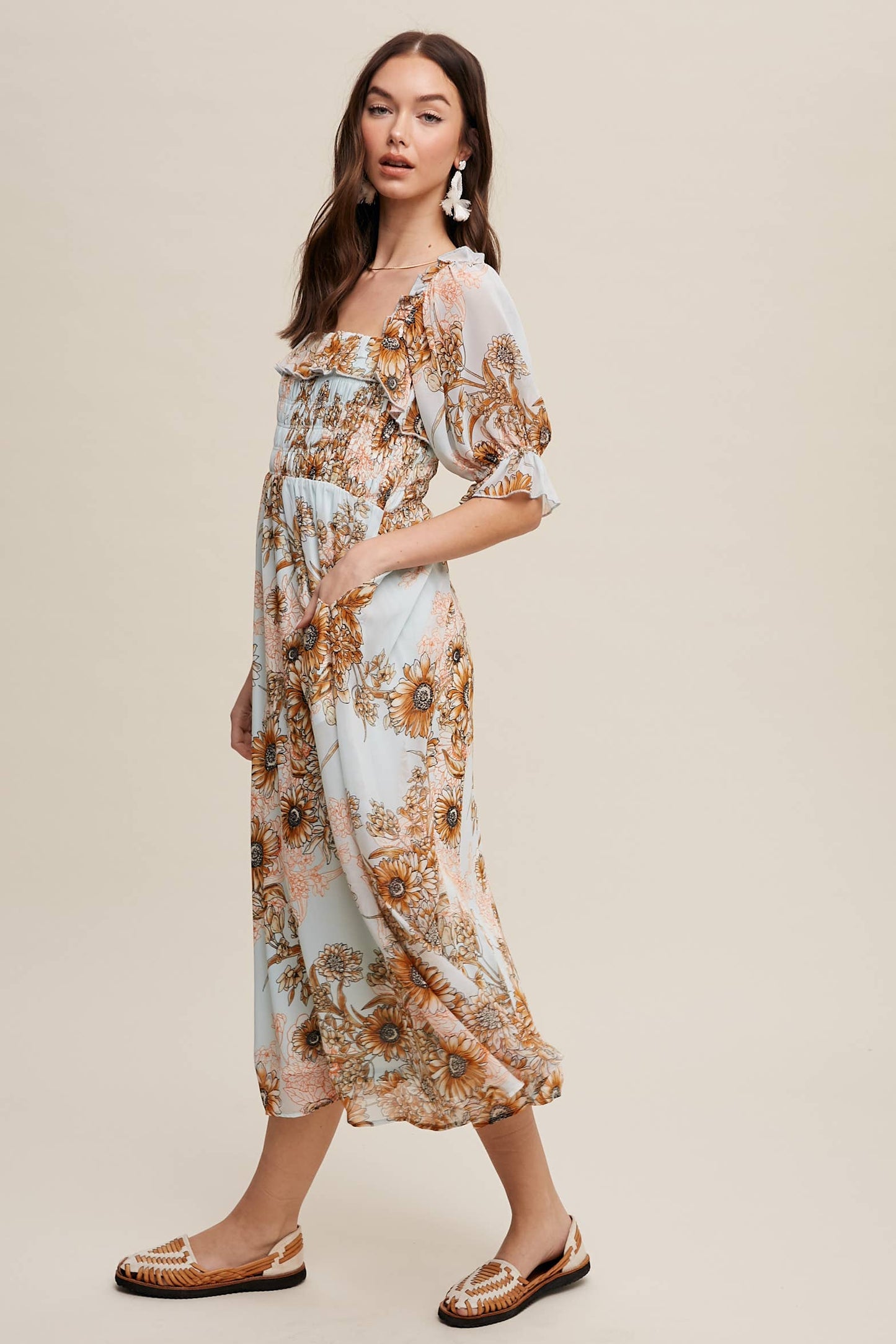 Floral Smocked Midi Dress: Butter Scotch