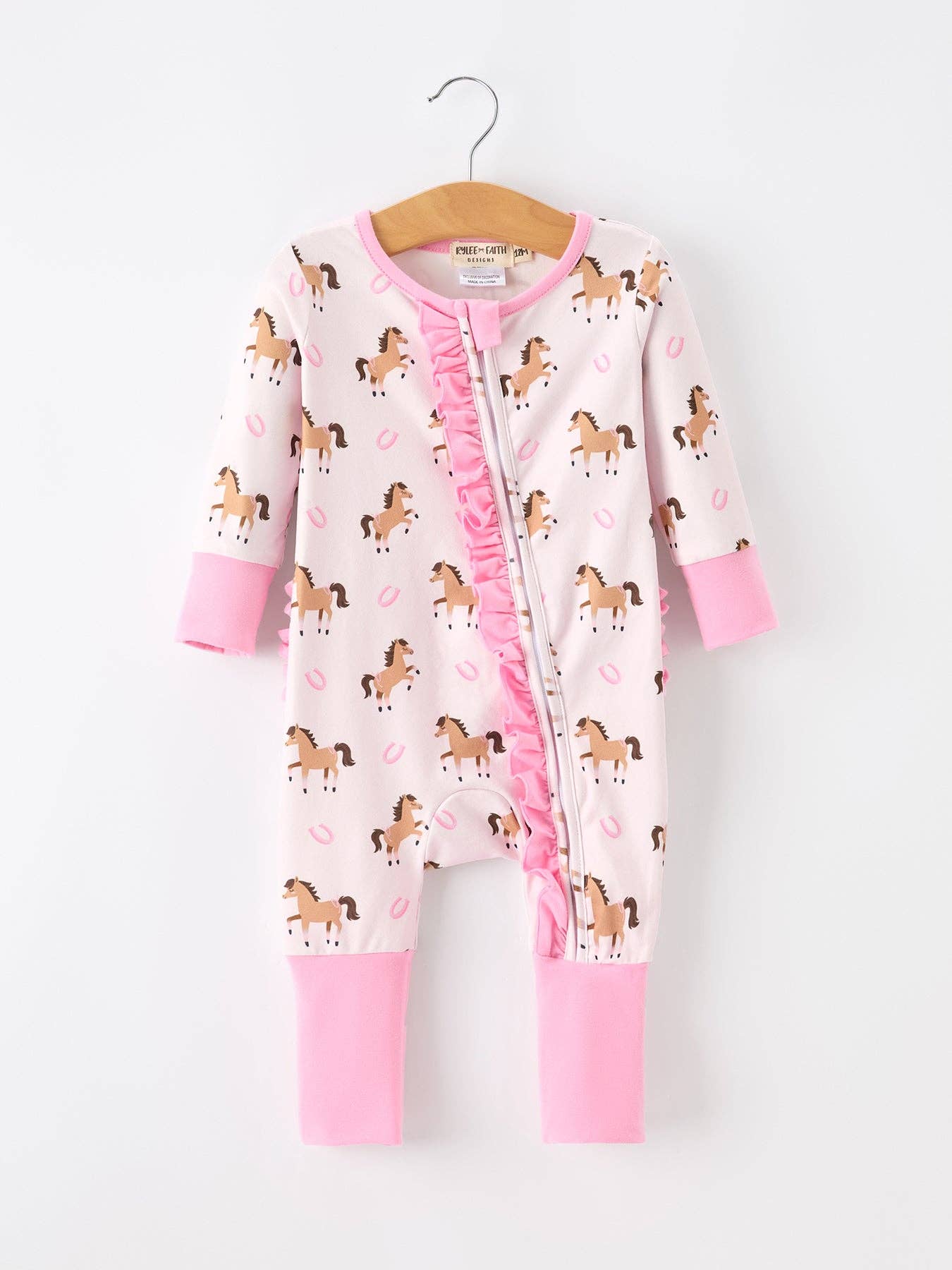 Western Horse Print Girls Romper Ruffle Zipper Long Sleeve
