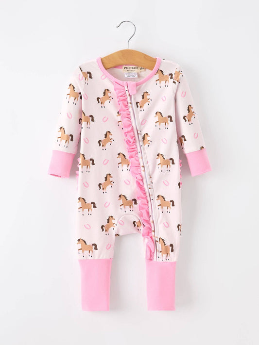 Western Horse Print Girls Romper Ruffle Zipper Long Sleeve