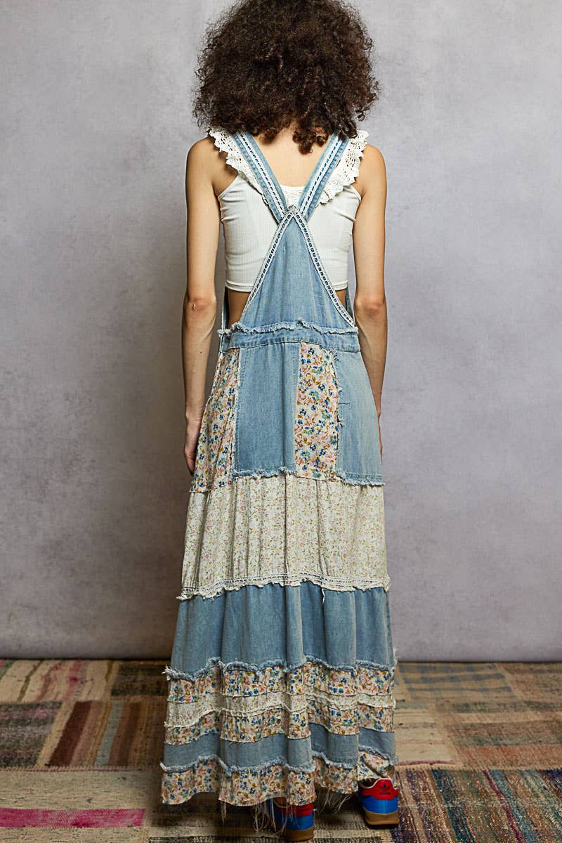 Vintage Washed Front Pocket Floral Contrast Dress: DENIM
