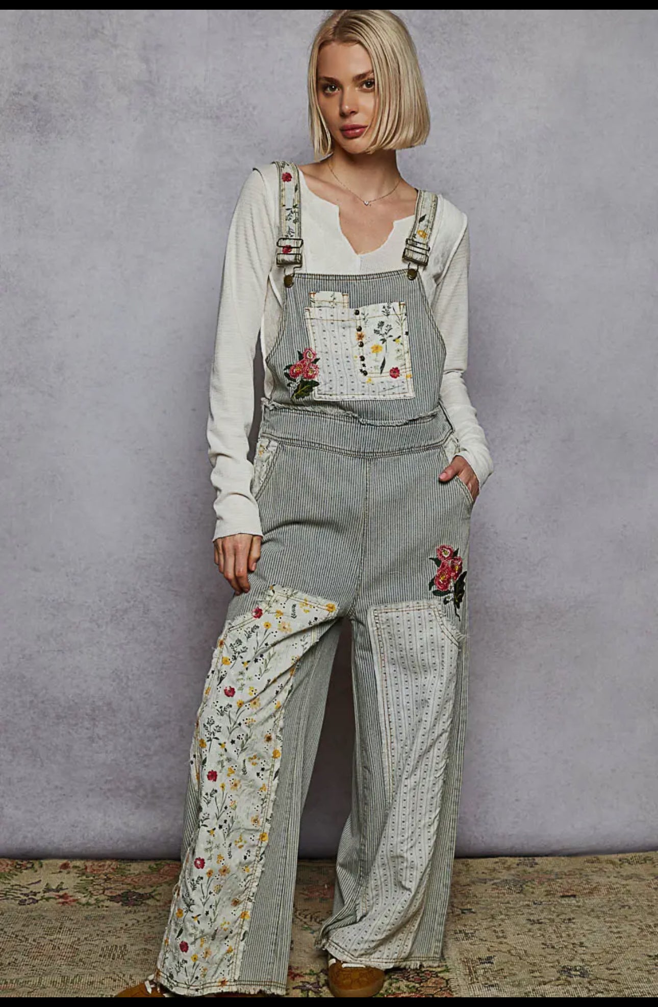 Floral Patchwork Embroidery Overall