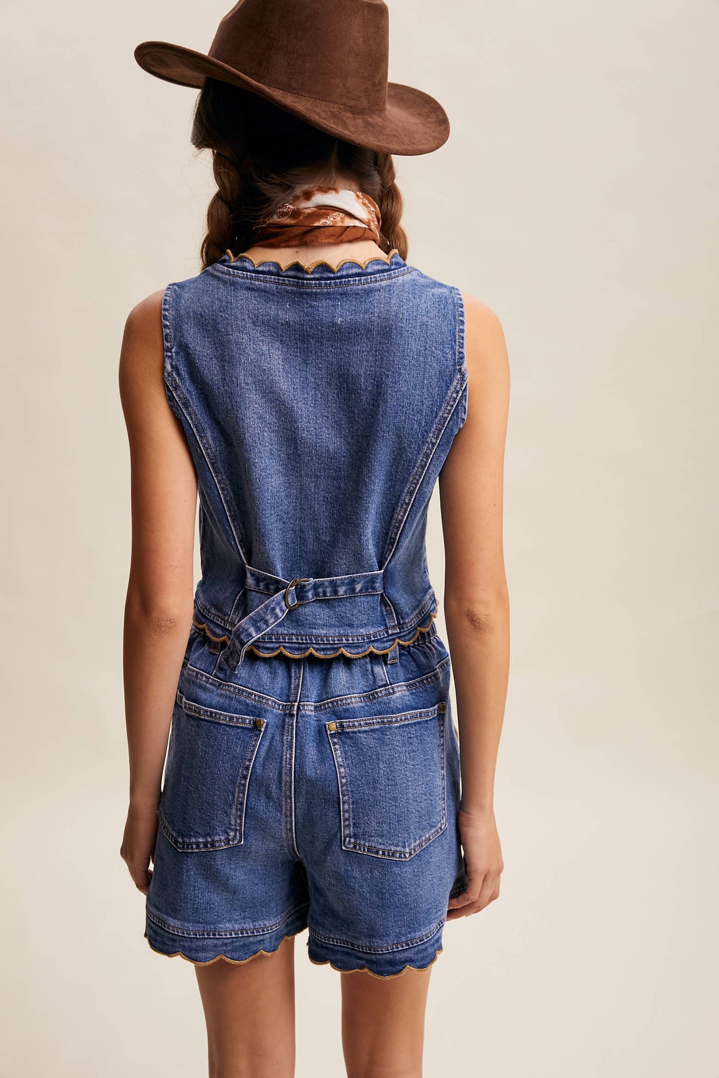 Scallop Trim Stretch Denim Vest Drift Blue